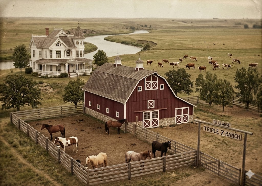 Overhead view of the Triple 7 ranch yard, corrals, buildings, and surrounding range