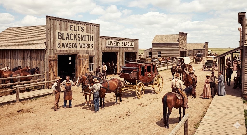A busy day outside Eli's blacksmith shop and livery on main street