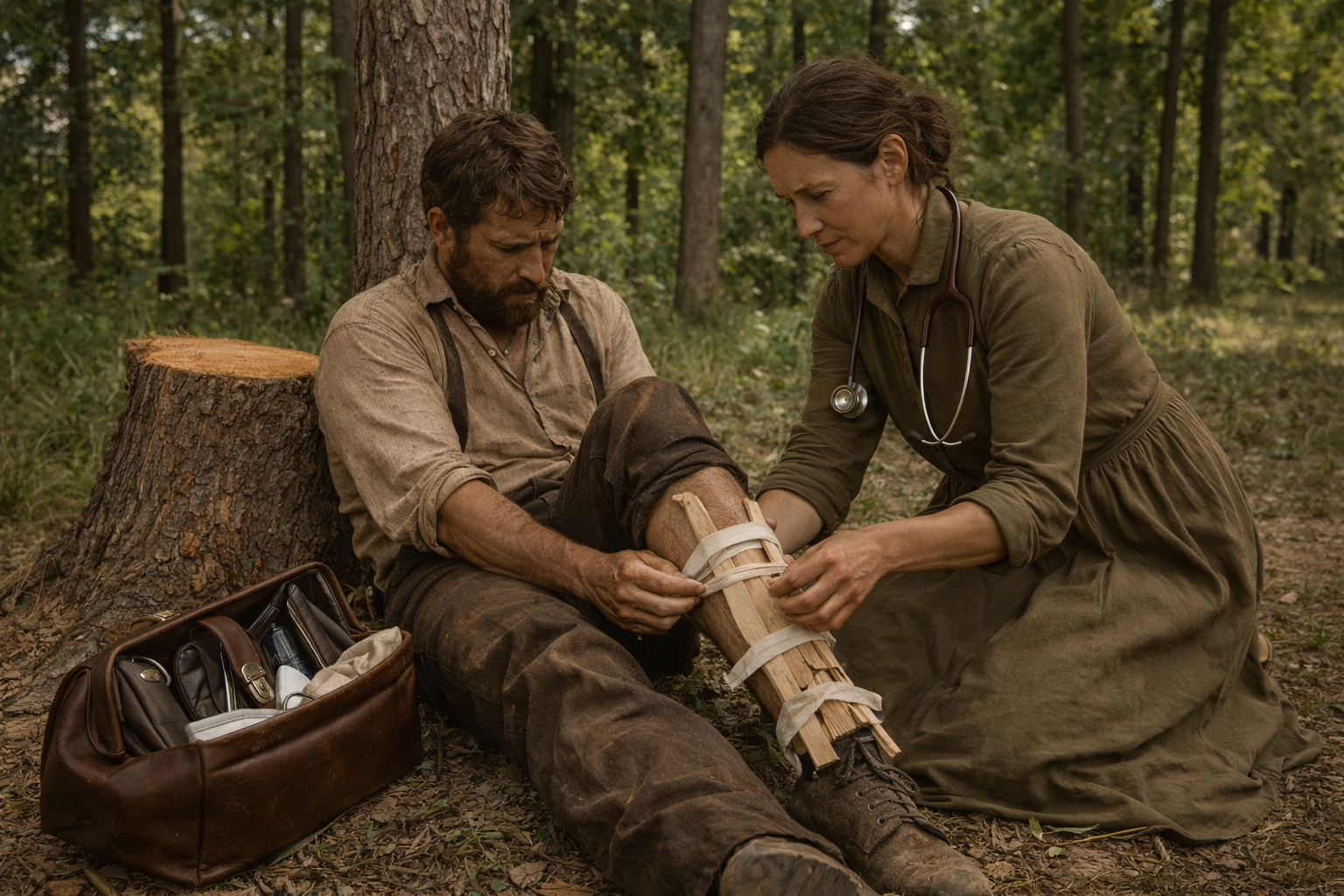 Doc Ruth splinting a broken leg beside a freshly cut tree in the Dakota Territory