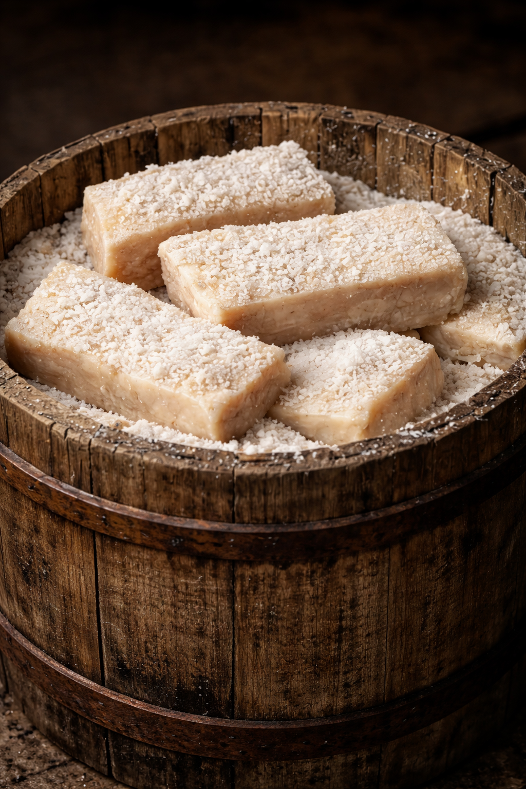 Salt Pork packed in a barrel with coarse salt