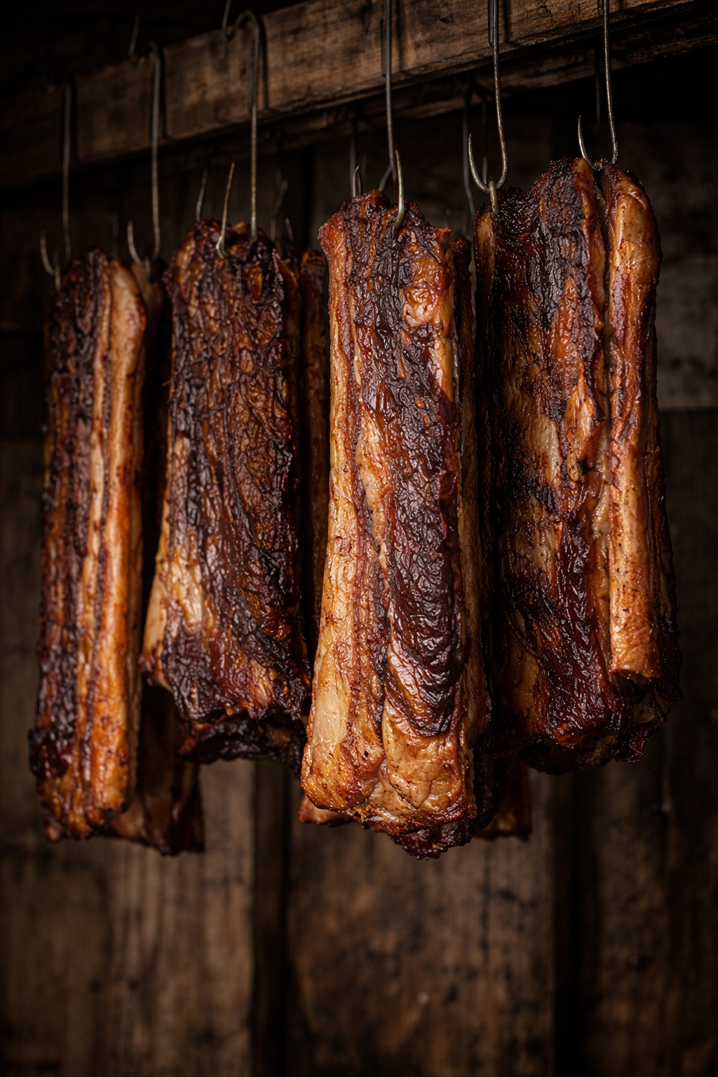 Bacon sides hanging from hooks in a smokehouse