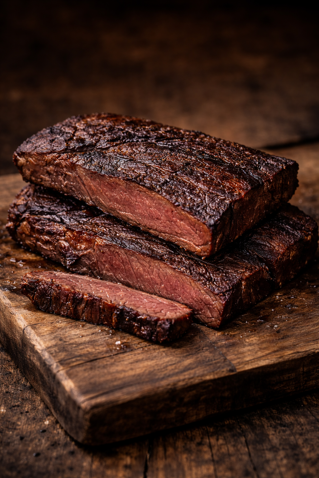 Smoked beef slabs with dark crust and visible grain