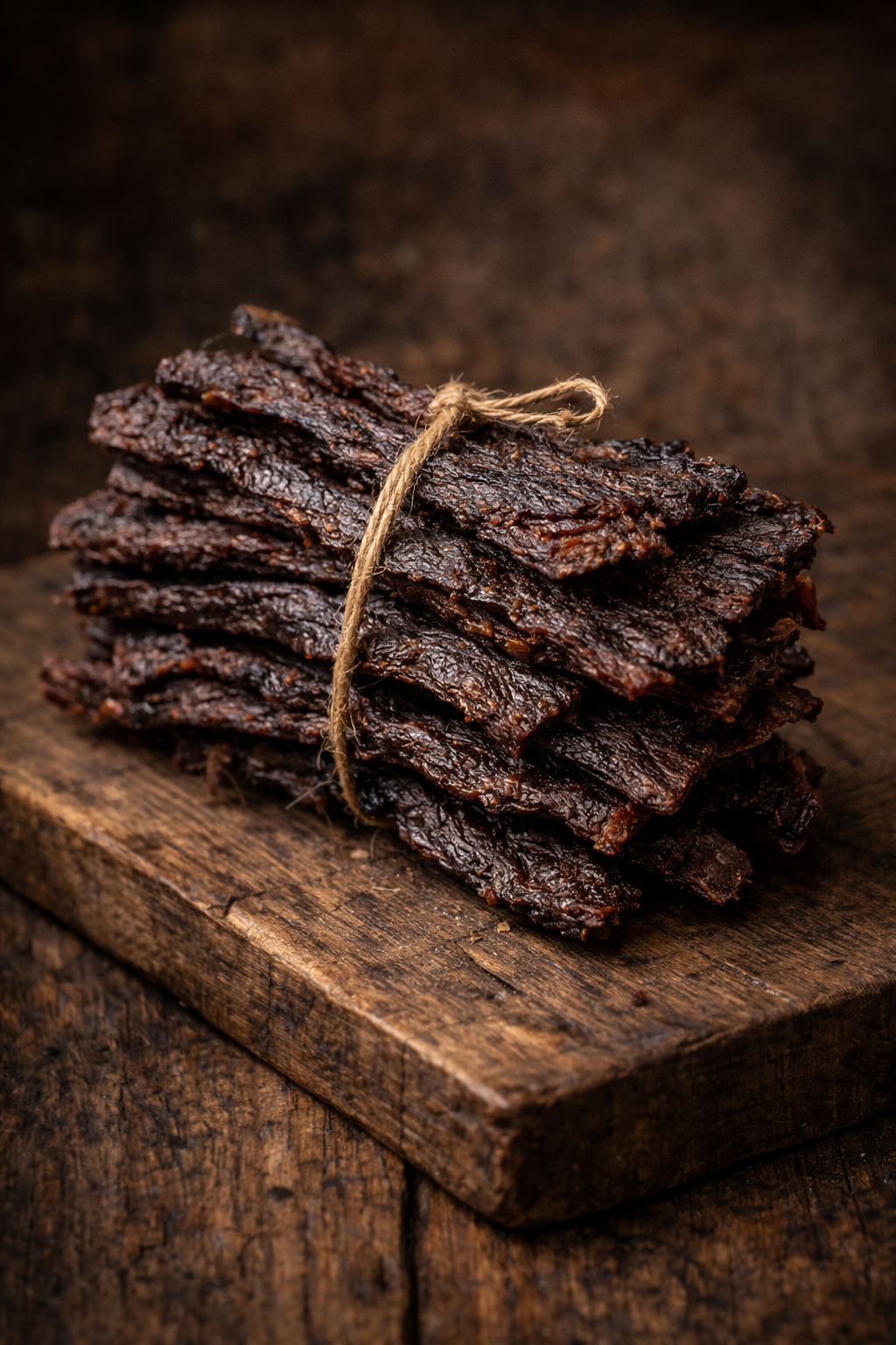 Beef jerky strips bundled with twine