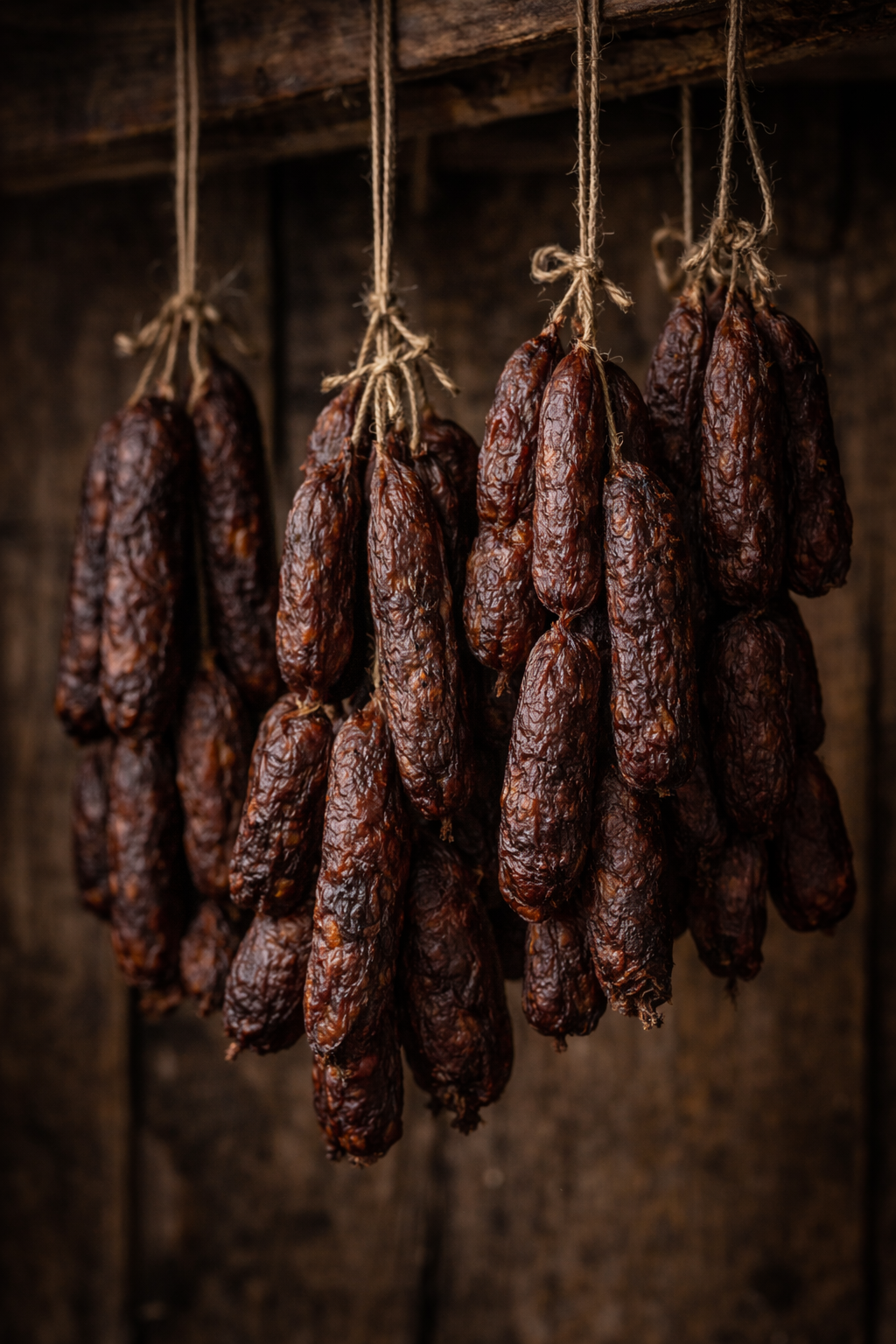 Clusters of dried sausage links hanging in a rustic space