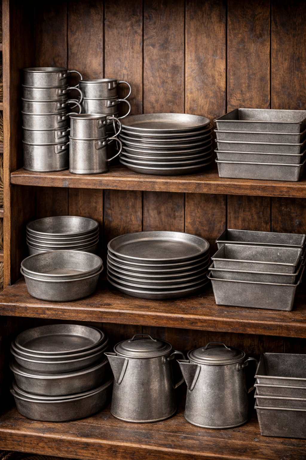 Tinware cups, plates, bowls, and pans for sale