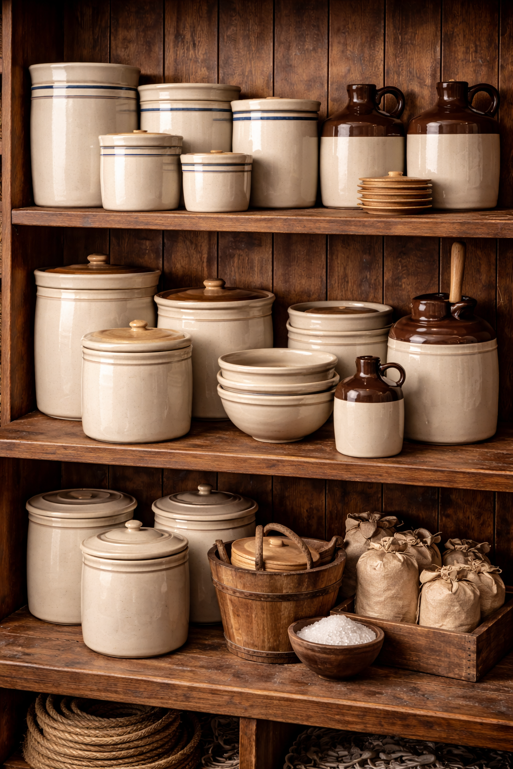 Stoneware crocks, jugs, bowls, and lids for sale