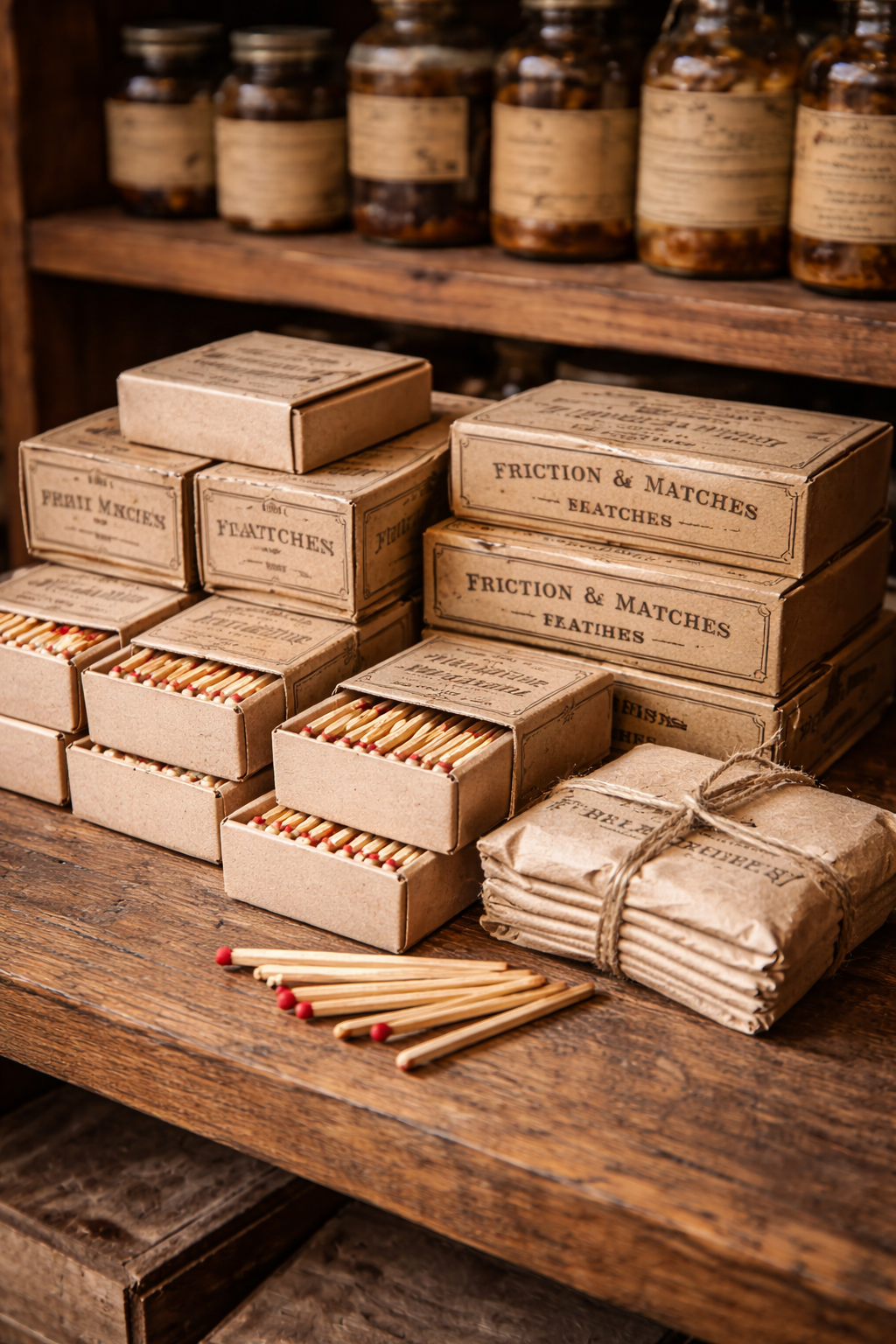 Friction matches — small boxes, larger boxes, and paper-wrapped bundles