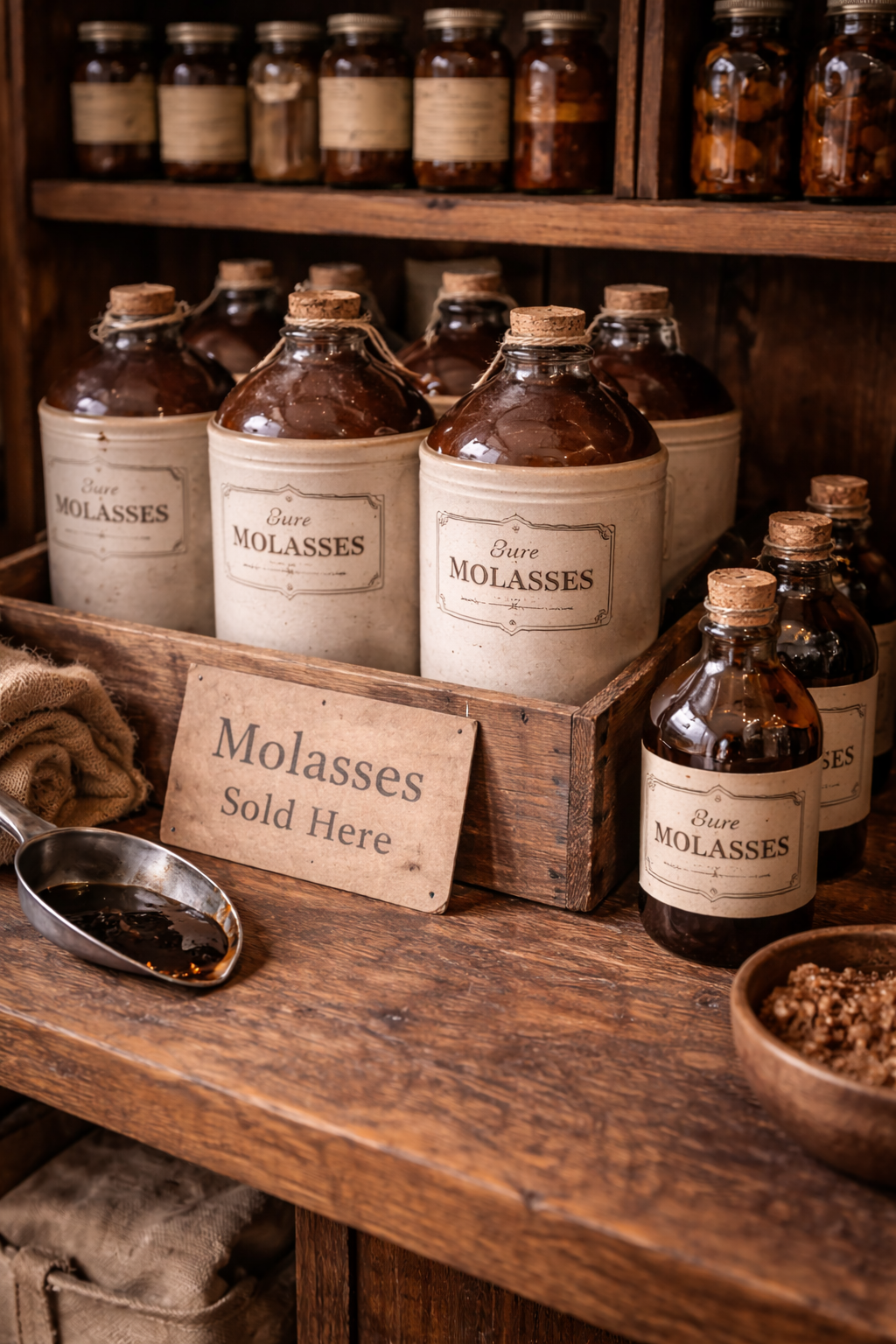 Molasses — jugs and bottles for sale in the general store