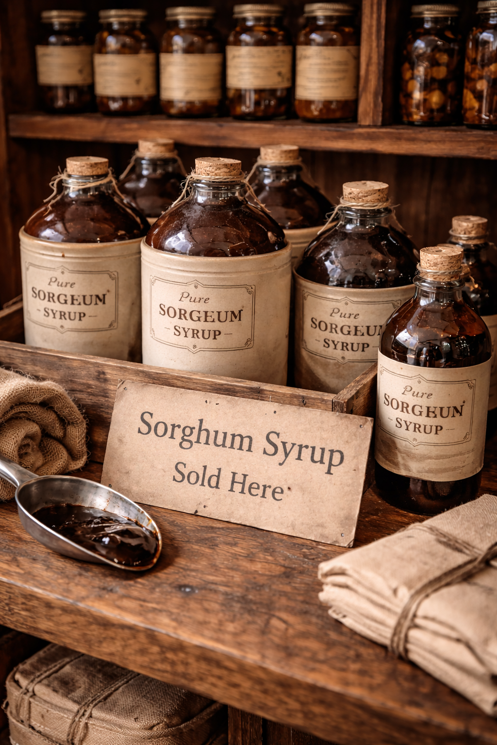 Sorghum syrup — jugs for sale in the general store