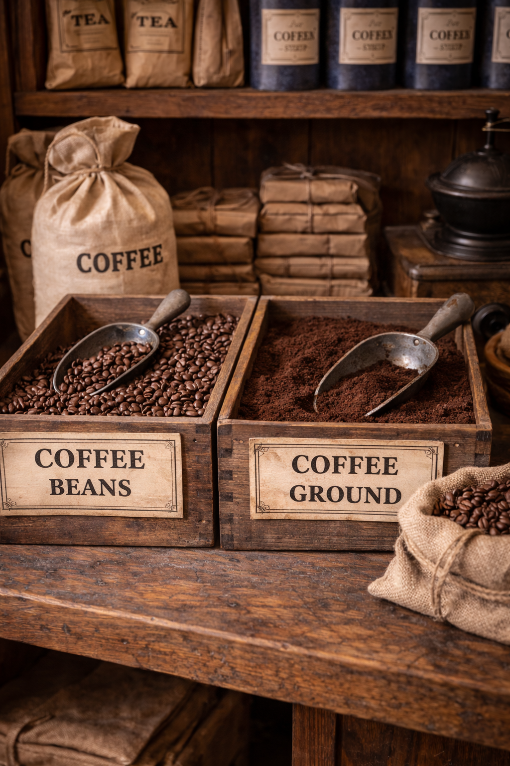 Coffee beans and ground coffee in store bins