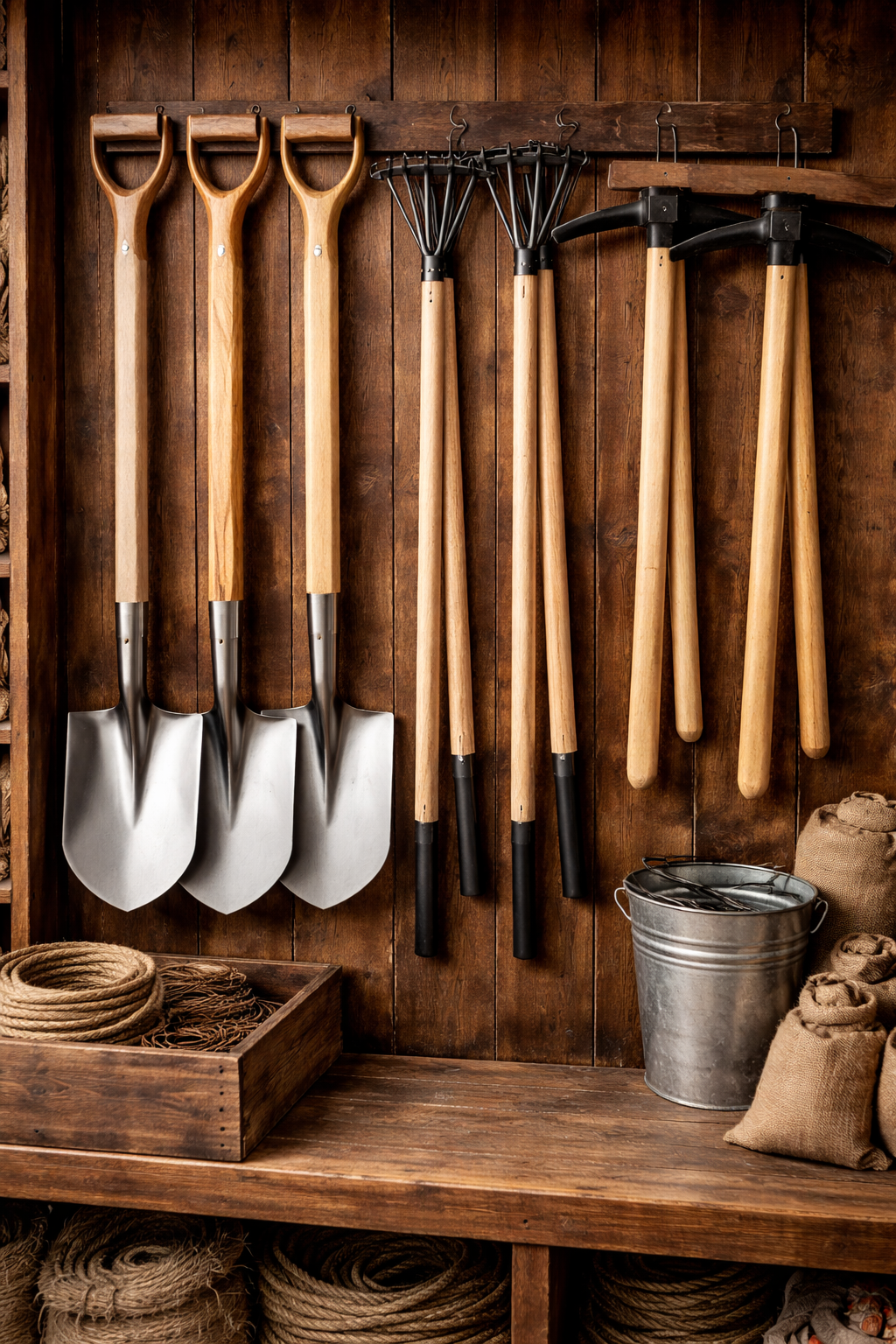 Long-handled tools including spade, shovel, rake, and pick for sale