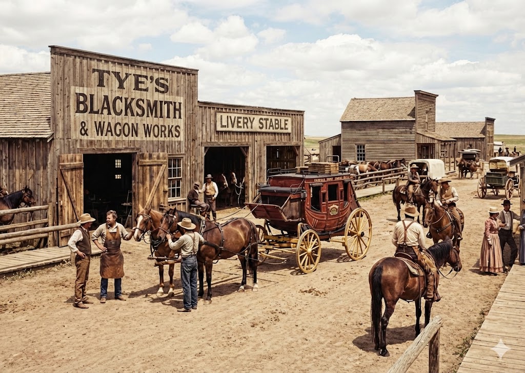A busy day outside Tye's blacksmith shop and livery on main street