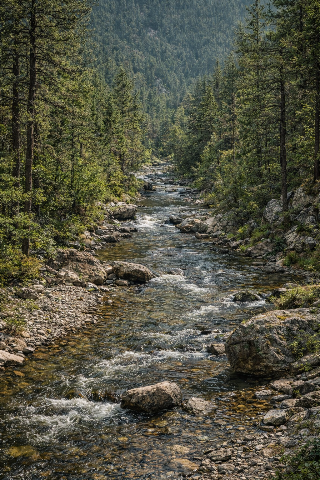 A winding Black Hills creek with bends, gravel bars, and calm pockets where heavy minerals settle